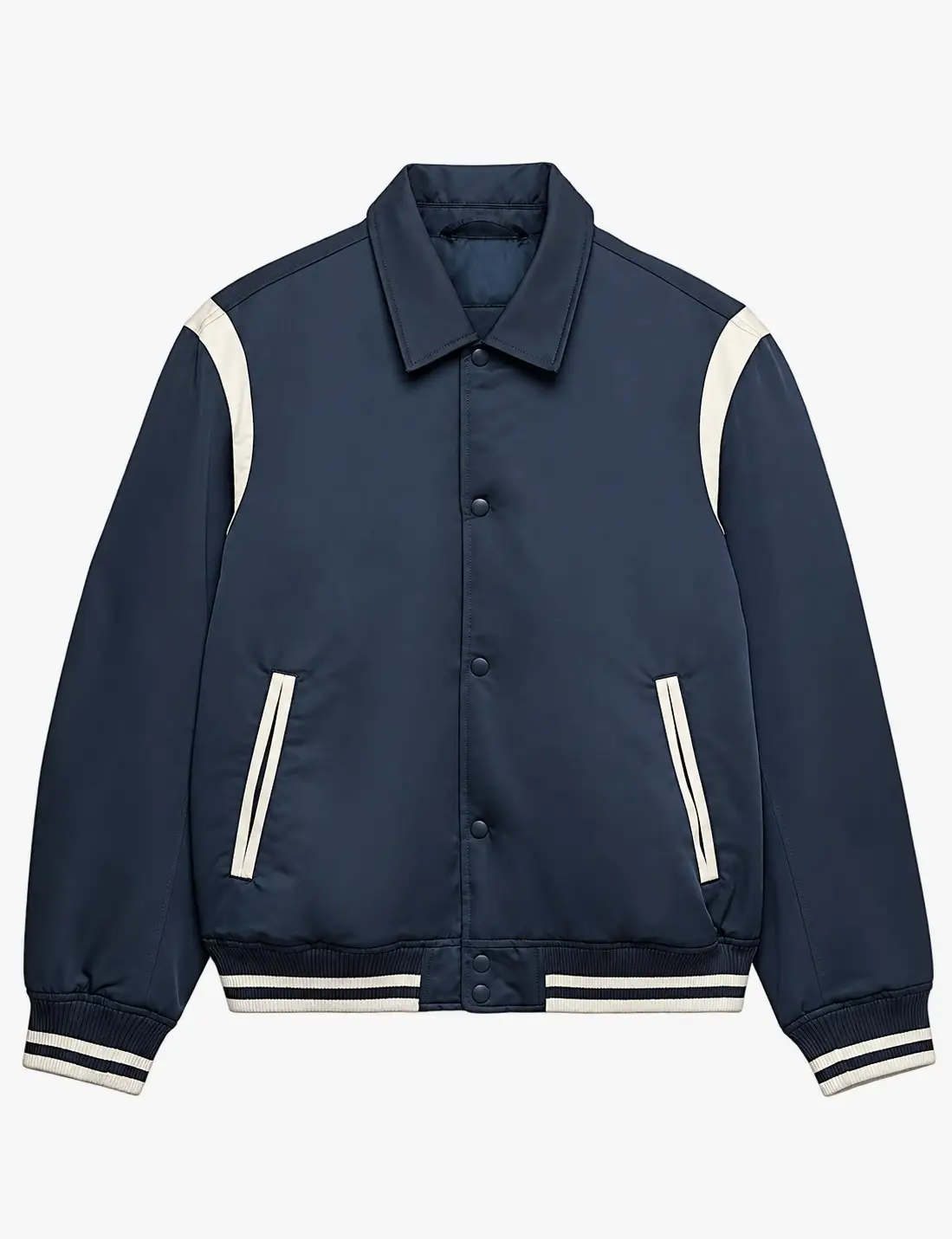 Navy varsity jacket with cream trim