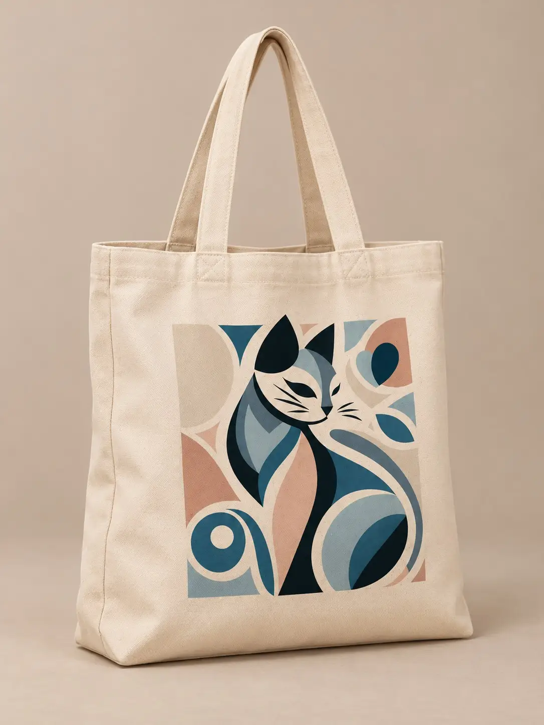 Canvas tote bag with a printed cat illustration