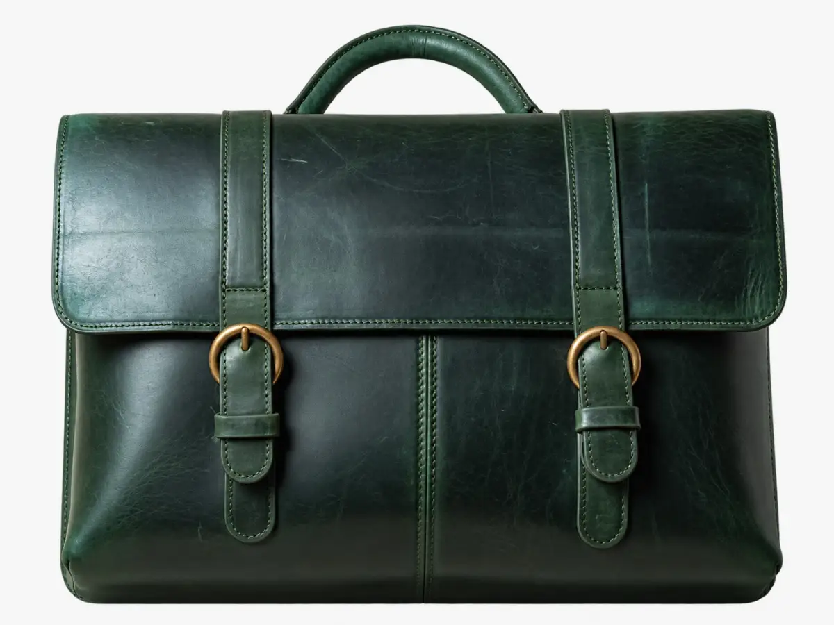 Green leather briefcase with buckle straps