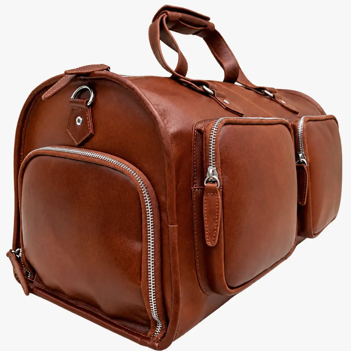 Tan leather duffle bag with zip pockets