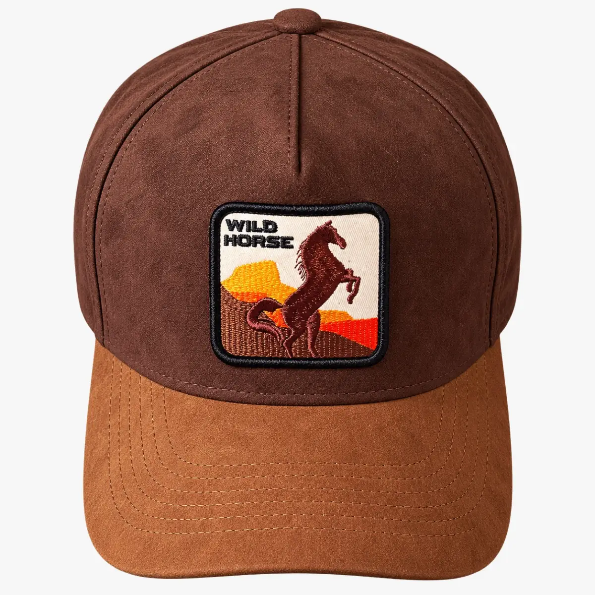 Brown suede cap with an embroidered horse patch