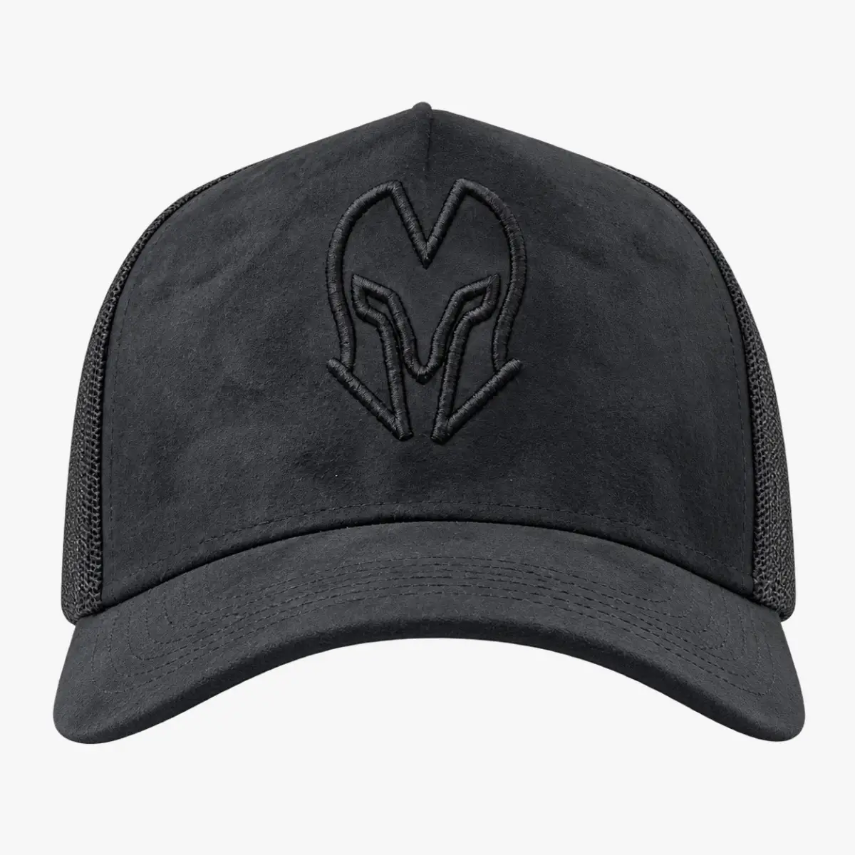 Black suede trucker cap with an embossed emblem, front view