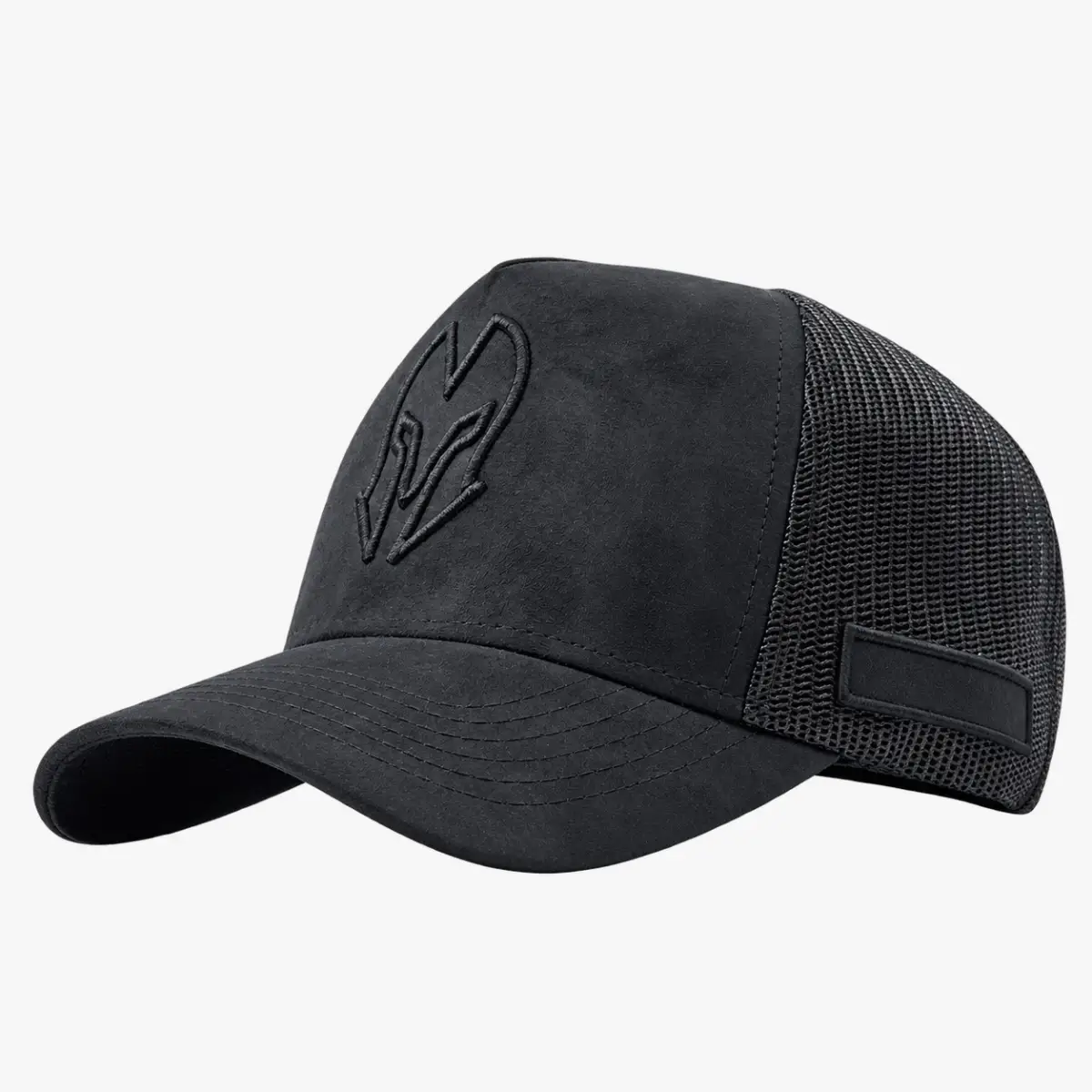 Black suede trucker cap with mesh back, side view