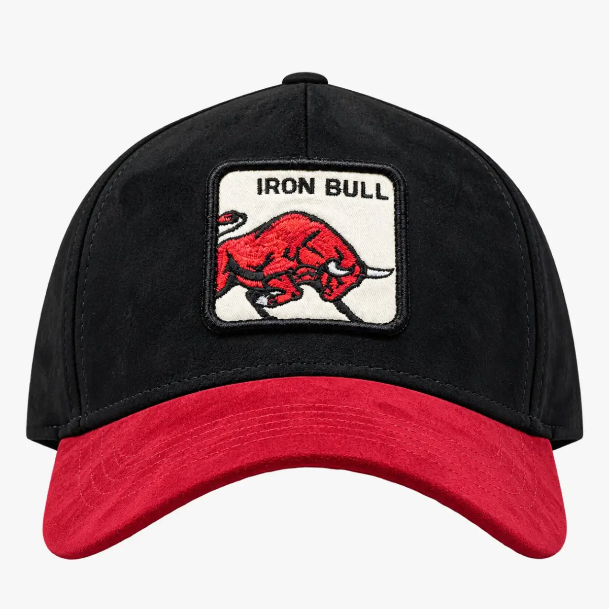 Black and red cap with an embroidered bull patch