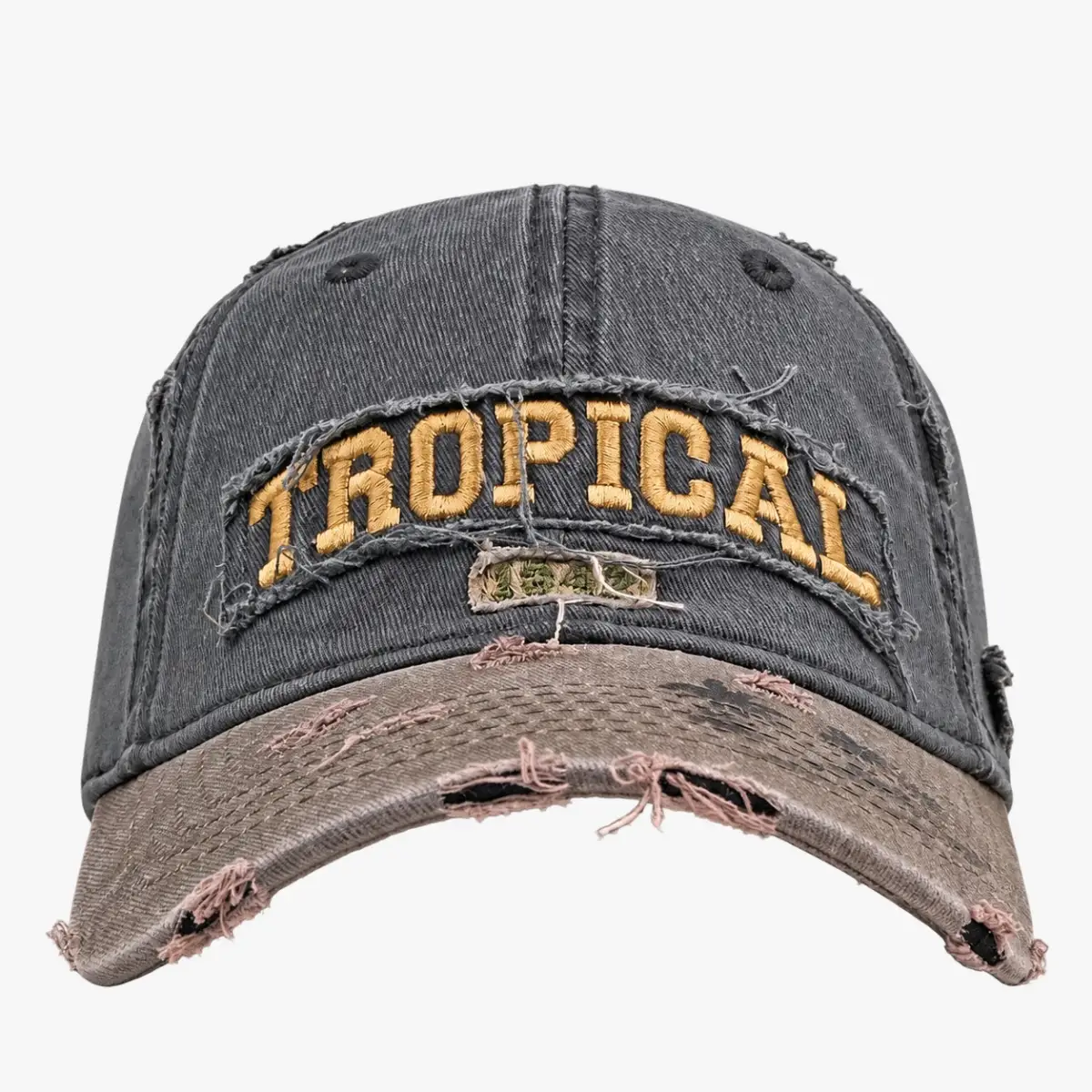 Distressed grey cap with appliqué lettering, front view