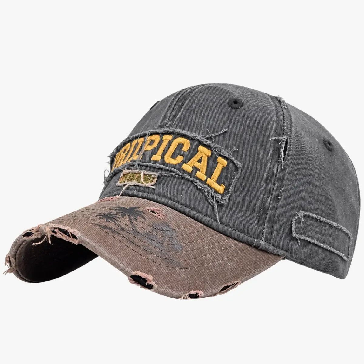 Distressed grey cap with frayed brim, side view